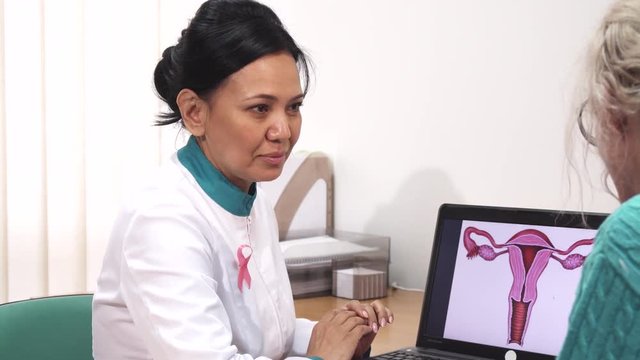 Beautiful female gynecologist working at the clinic showing uterus picture to her patient gynecology healthcare femininity communication medicine specialist friendly advise.