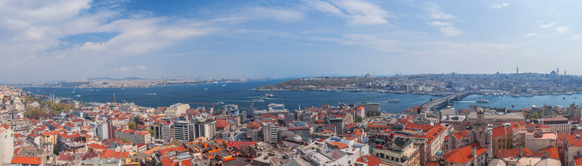 Panoramic Golden Horn sunset view with Blue Mosque and Hagia Sophia from Galata tower