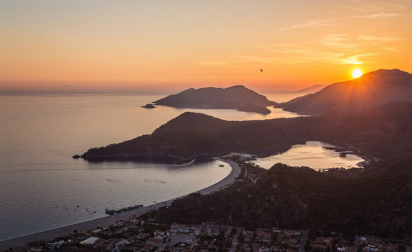 Oludeniz landscape beautiful sunset lagoon in sea view of beach, Turkey.