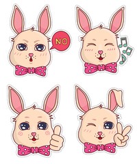 Obraz premium Vector stickers with cute little funny bunny emotions. Cute badges and stickers for children 