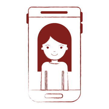 smartphone woman profile picture with long straight hair in dark red blurred silhouette vector illustration