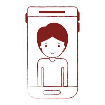 smartphone guy profile picture with short hair in dark red blurred silhouette vector illustration