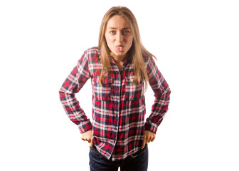 Fototapeta premium Woman in shirt smiling showing tongue