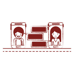 man and woman social network chat in smartphone in dark red blurred silhouette vector illustration