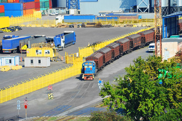 Locomotive and train in port