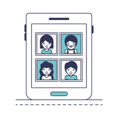 people picture profiles social network in tablet device screen in blue color sections silhouette vector illustration