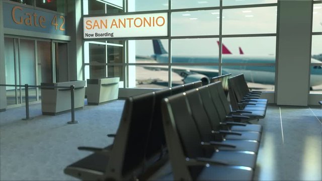 San Antonio flight boarding now in the airport terminal. Travelling to the United States conceptual intro animation, 3D rendering