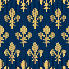 Fleur-de-lis on a seamless vector woolen pattern. Knitted woolen pattern with Heraldic golden royal lilies on blue