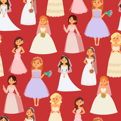 Wedding brides characters vector illustration celebration marriage fashion woman cartoon girl white ceremony marry dress seamless pattern background