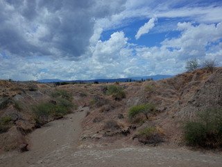 The Lunar landscape of Los Hoyos, the Grey Desert, part of Colombia's Tatacoa Desert. The area is an ancient dried forest and popular tourist destination.