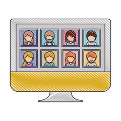 people gallery picture profiles social network in monitor screen in colored crayon silhouette vector illustration