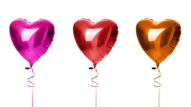 Three big heart balloons composition red orange and purple objects for birthday isolated