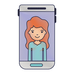 smartphone woman profile picture with long wavy hair in colored crayon silhouette vector illustration