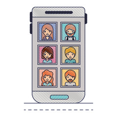people picture profiles social network in smartphone screen in colored crayon silhouette vector illustration