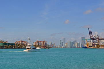 Sport fishing boat entering the Port of Miami through Government Cut
