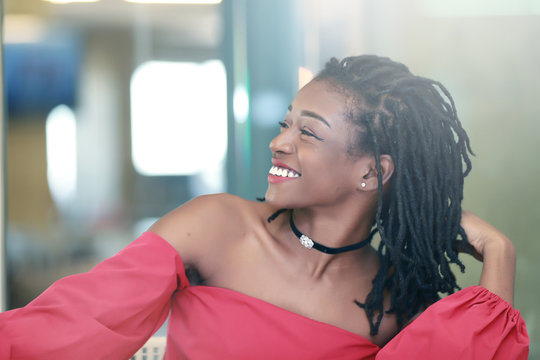 Cheerful black female laughing