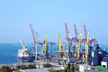 Fototapeta na wymiar Bulk cargo ship under port crane