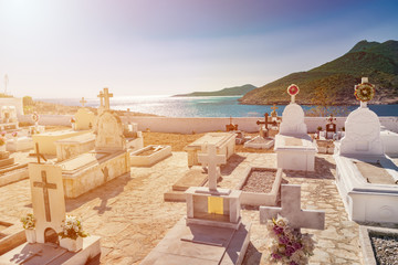 Orthodox cemetery near Pontamos beach on island of Halki (Greece)
