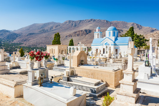 Cemetery and orthodox church near Pontamos beach on island of Halki (Greece)