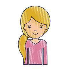 half body woman with pigtail hairstyle in colored crayon silhouette vector illustration