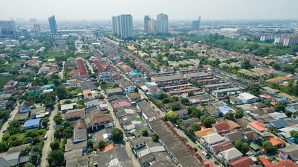 Naklejka premium Aerial city view from flying drone at Nonthaburi, Thailand. top view of the city