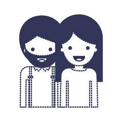 half body people with man with beard and woman with long straight hair in dark blue silhouette and dotted contour vector illustration