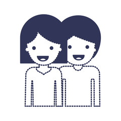 half body people and woman mushroom hairstyle and man with short hair in dark blue silhouette and dotted contour vector illustration