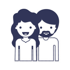 half body people with woman wavy hair and man with beard in dark blue silhouette and dotted contour vector illustration