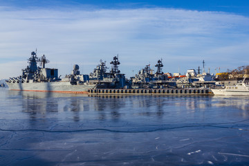 Fototapeta na wymiar Warships in the cold sea.