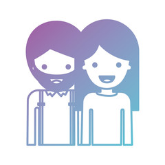 half body people with man with beard and woman with long straight hair in degraded blue to purple color silhouette vector illustration