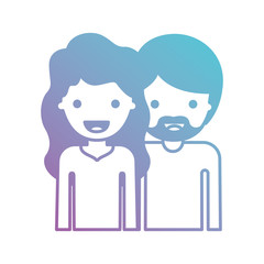 half body people with woman wavy hair and man with beard in degraded blue to purple color silhouette vector illustration