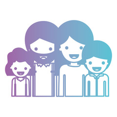 Obraz na płótnie Canvas half body people with girl wavy hair and man with beard and woman with long straight hair and boy with short hair in degraded blue to purple color silhouette vector illustration