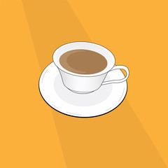 A cup of hot coffee with milk added on table with the shade. Vector illustration.