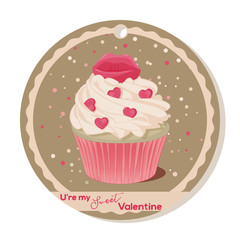 Cupcake with vanilla cream and pink sugar lips for Valentines day. Greeting card, tag or sticker for Sweet Valentine. Vector illustration. Holiday Collection.
