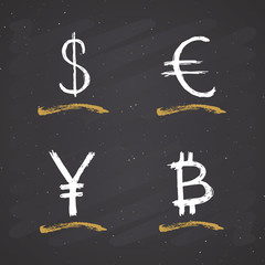 Dollar, Euro, Yen and Bitcoin sign icon brush lettering, Grunge calligraphic symbols, vector illustration on chalkboard background