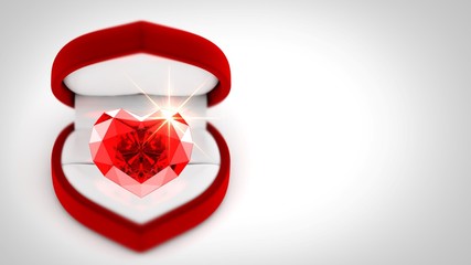 Red diamond heart in a ring box on white background. 3D render.