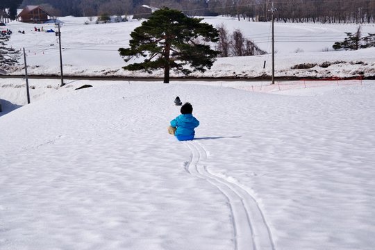 日本のスキー場でそり遊びをする子供