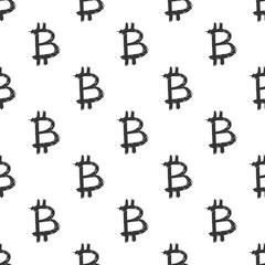 Obraz premium Bitcoin sign icon brush lettering seamless pattern, Grunge calligraphic symbols background, vector illustration