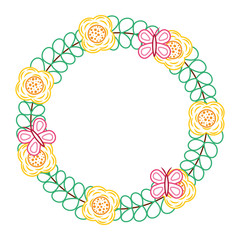 beautiful floral wreath with spring flowers leaves vector illustration color line design