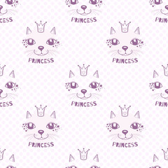 Vector seamless cute graphical cats print, muzzle, mustache, ears, crown, eyes