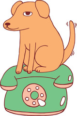 Obraz premium Yellow dog on the retro telephone. Doodle cartoon art. Vector il