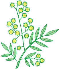 Mimosa branch. Isolated doodle and cartoon floral element. Vector illustration