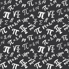 Pi symbol seamless pattern vector illustration. Hand drawn sketched Grunge mathematical signs and formulas, Vector illustration