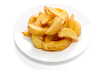 French fries on a white plate, on a white background