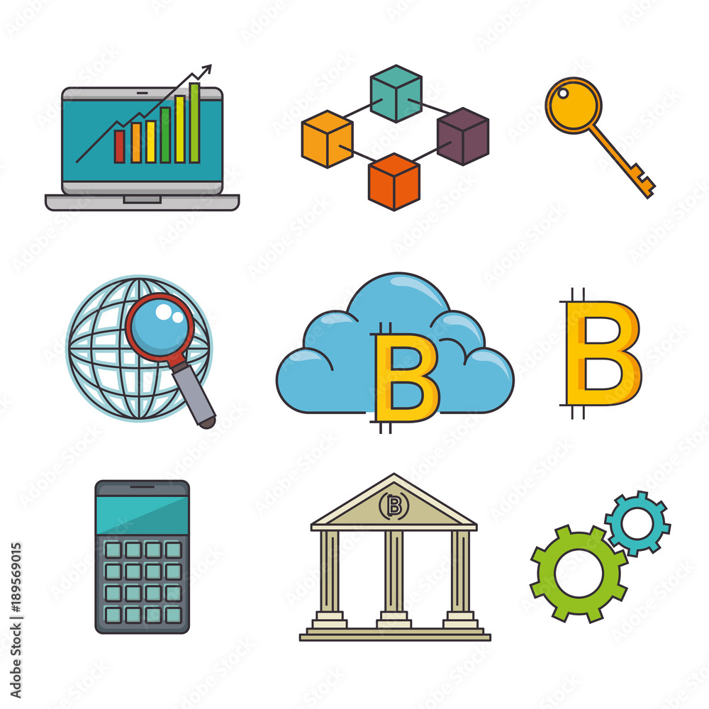 Poster set of blockchain and bitcoin technology icon