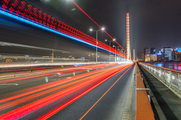 Fototapeta na wymiar car light trails on modern bridge with city skyline
