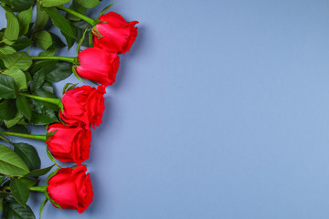 Pink roses on a gray background, on pastel paper. Copy space for text. Template for March 8, Mother's Day.
