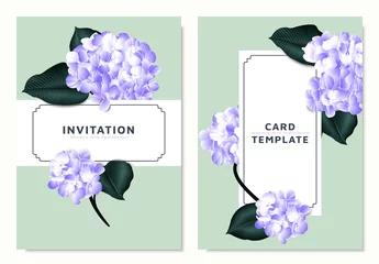 Gordijnen Purple hydrangea and Philodendron silk leaves on light green background, invitation card template design © momosama