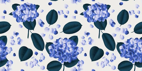 Muurstickers Seamless pattern, blue hydrangea flower with green guava leaves on light grey background © momosama