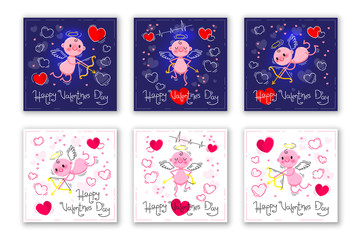 Valentines Day cards with cute cupids and hearts. Vector illustration